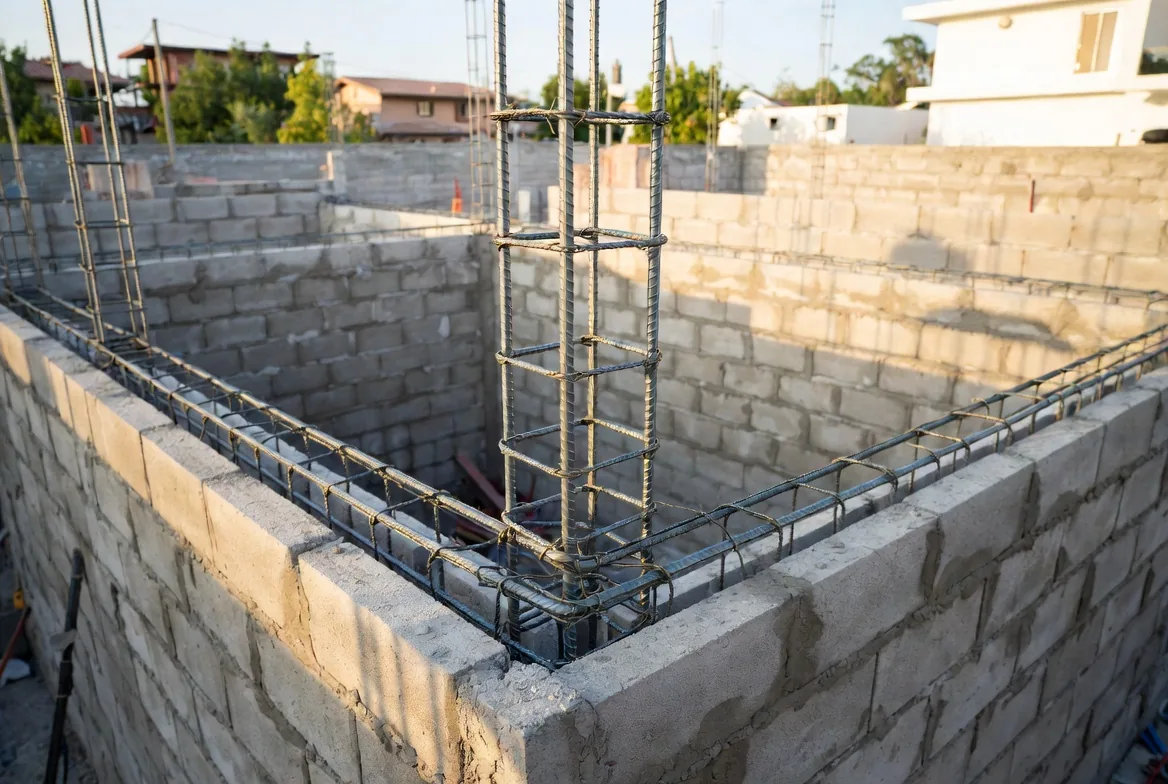 Castillos de acero de refuerzo en las esquinas de muros de block gris en una obra residencial, listos para colado
