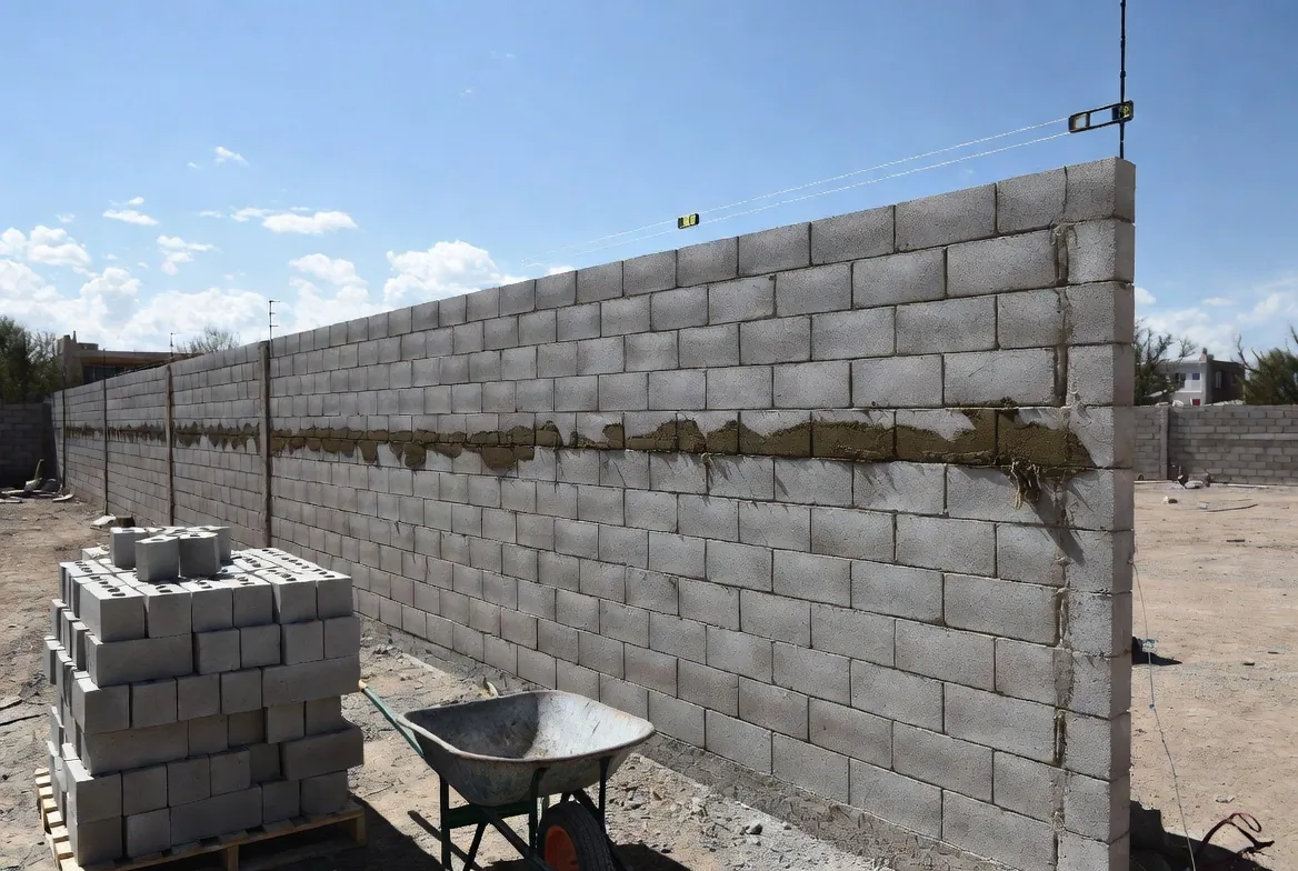 Barda perimetral de block gris en construcción con hilo guía y nivel, junto a una tarima de block y una carretilla